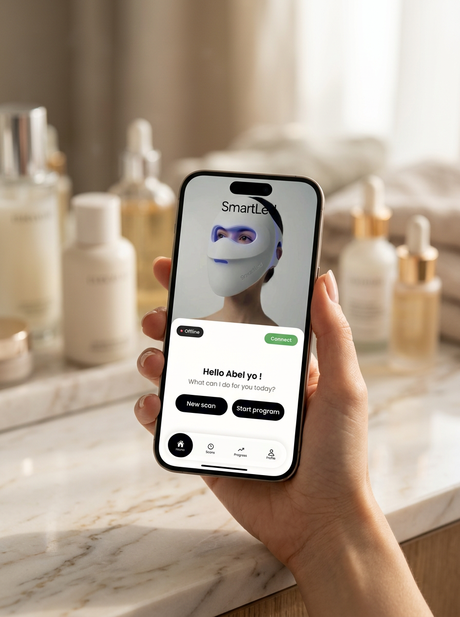 SmartLED app held in hand in a lifestyle bathroom setting