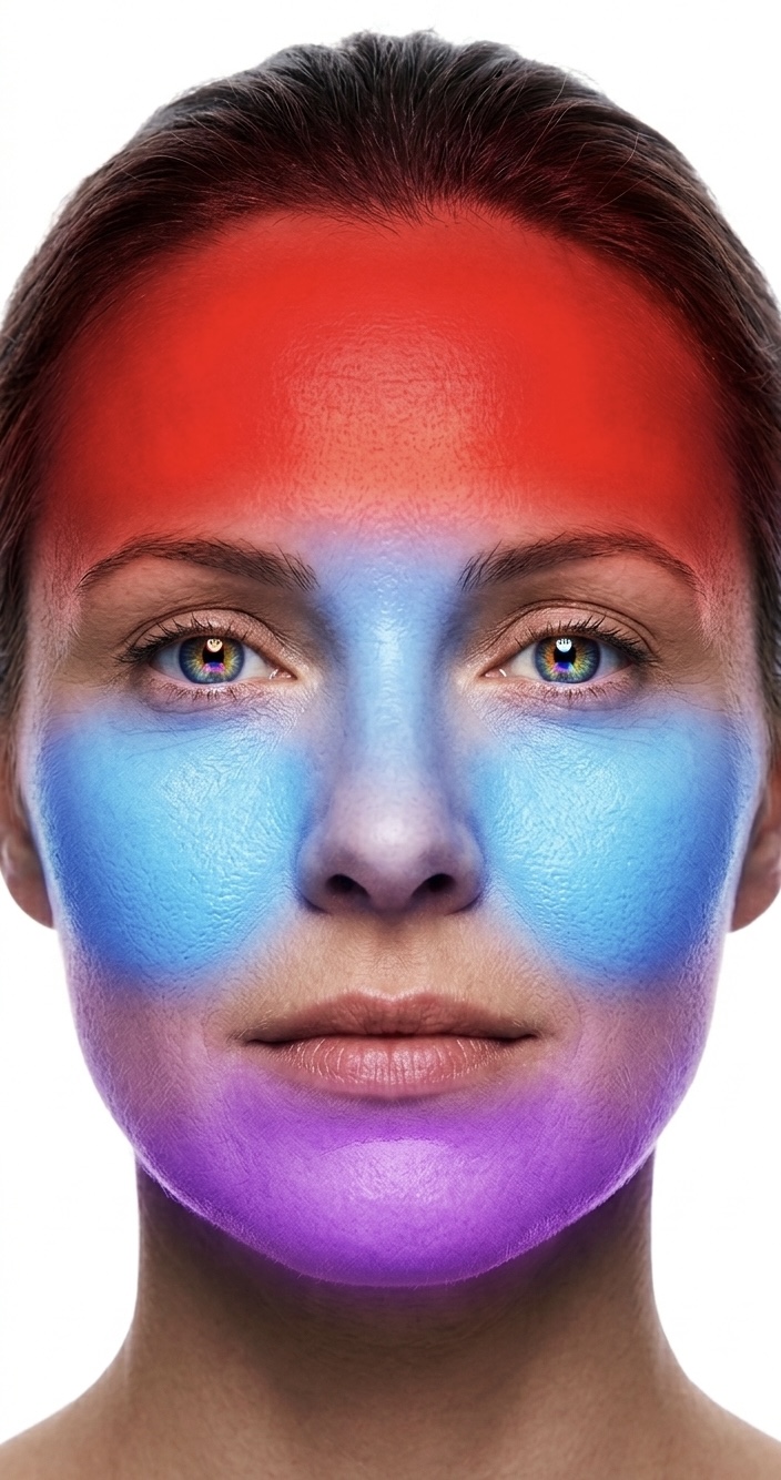 Face with four light zones active simultaneously: red on the forehead, blue on the T-zone, violet on the lower face, infrared on the jawline.