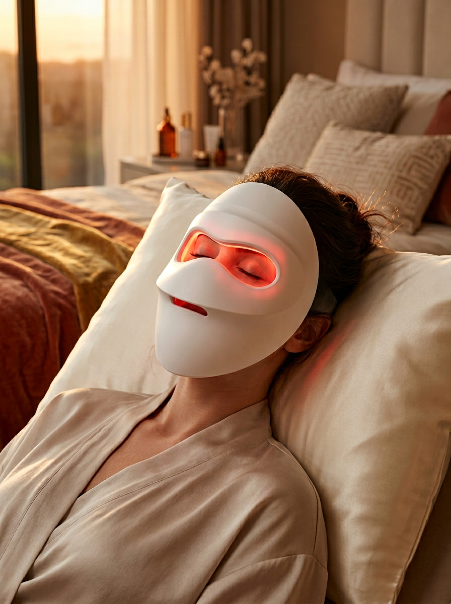 Woman lying down wearing the SmartLED mask, red light