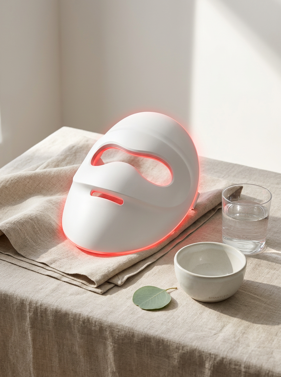SmartLED mask resting on linen