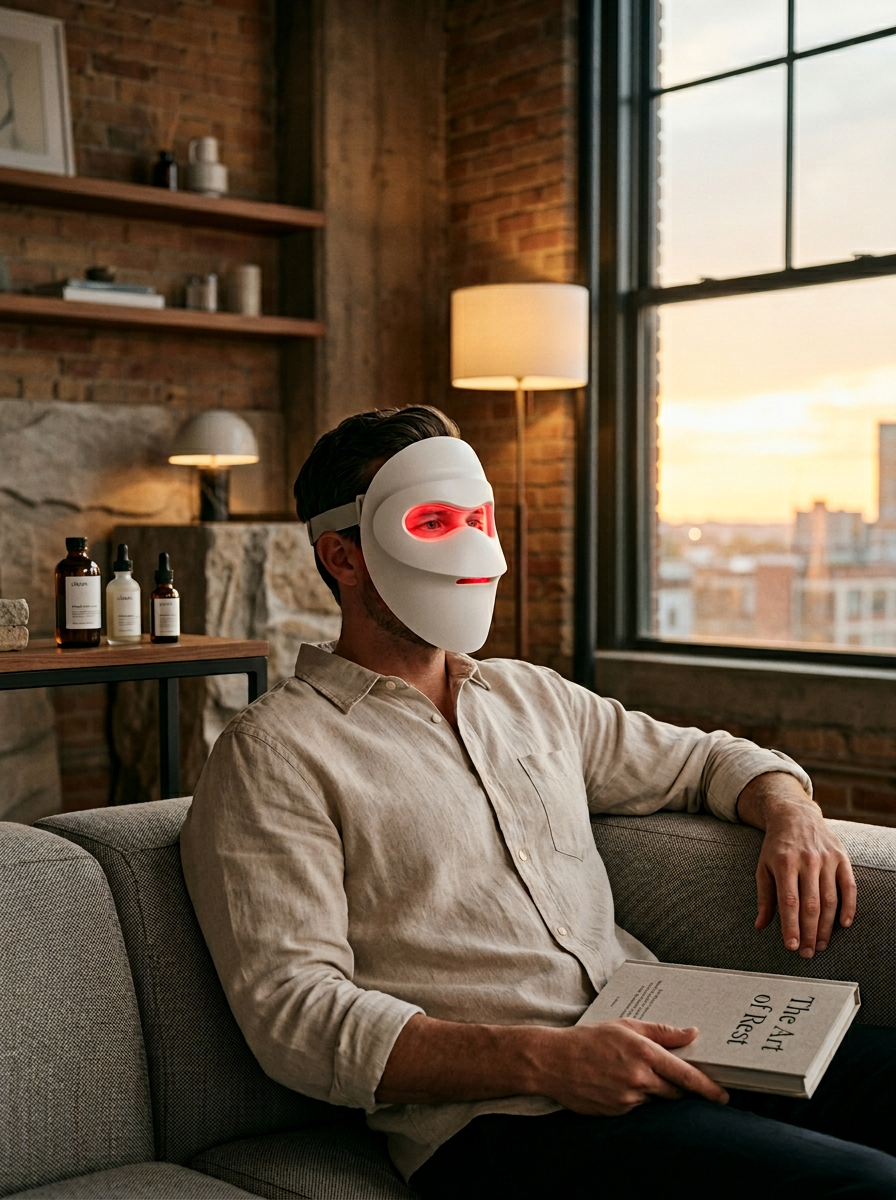 Man wearing the SmartLED mask in his living room