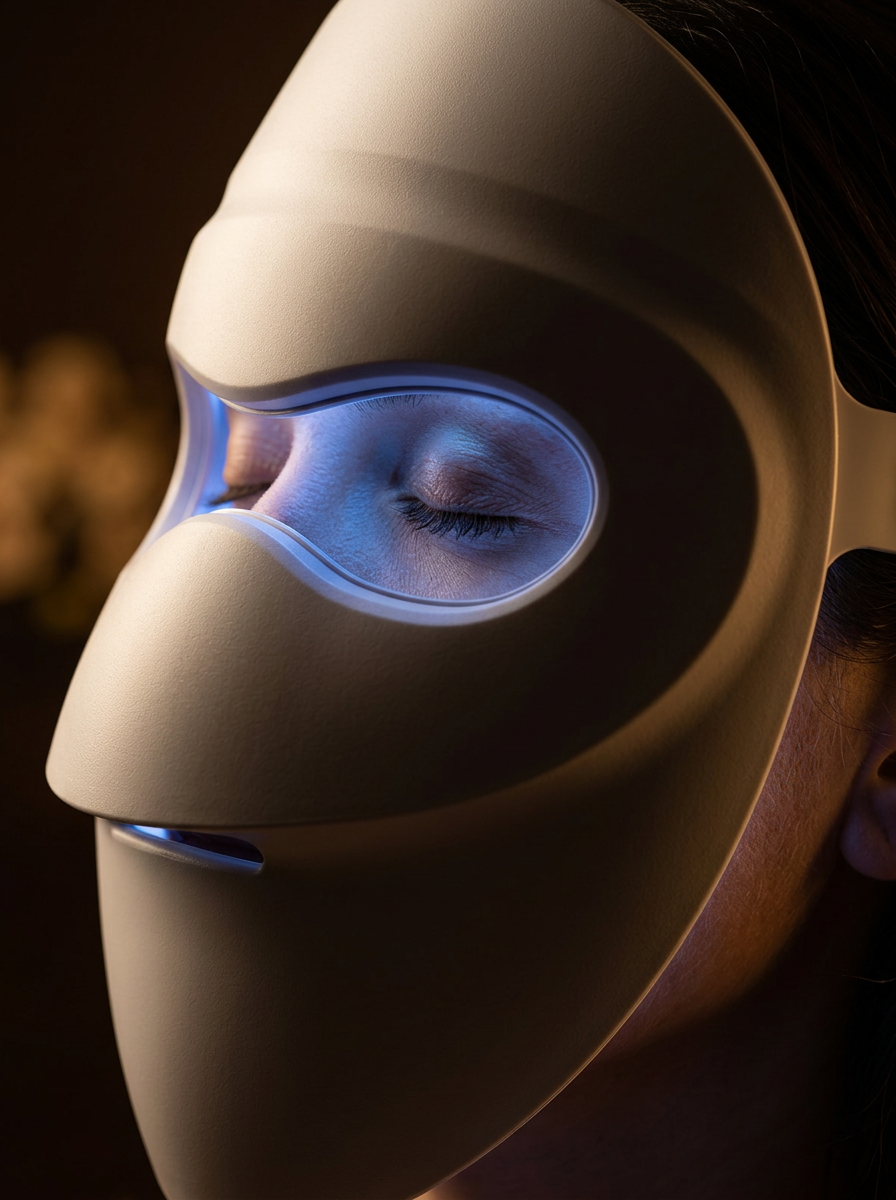 Close-up of the SmartLED mask glowing blue